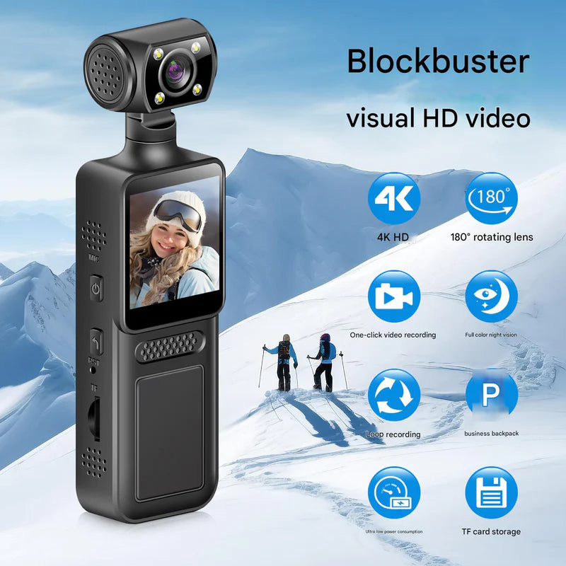 4K Pocket Camera Recorder – Portable Video Camera with 180° Rotation & Night Vision
