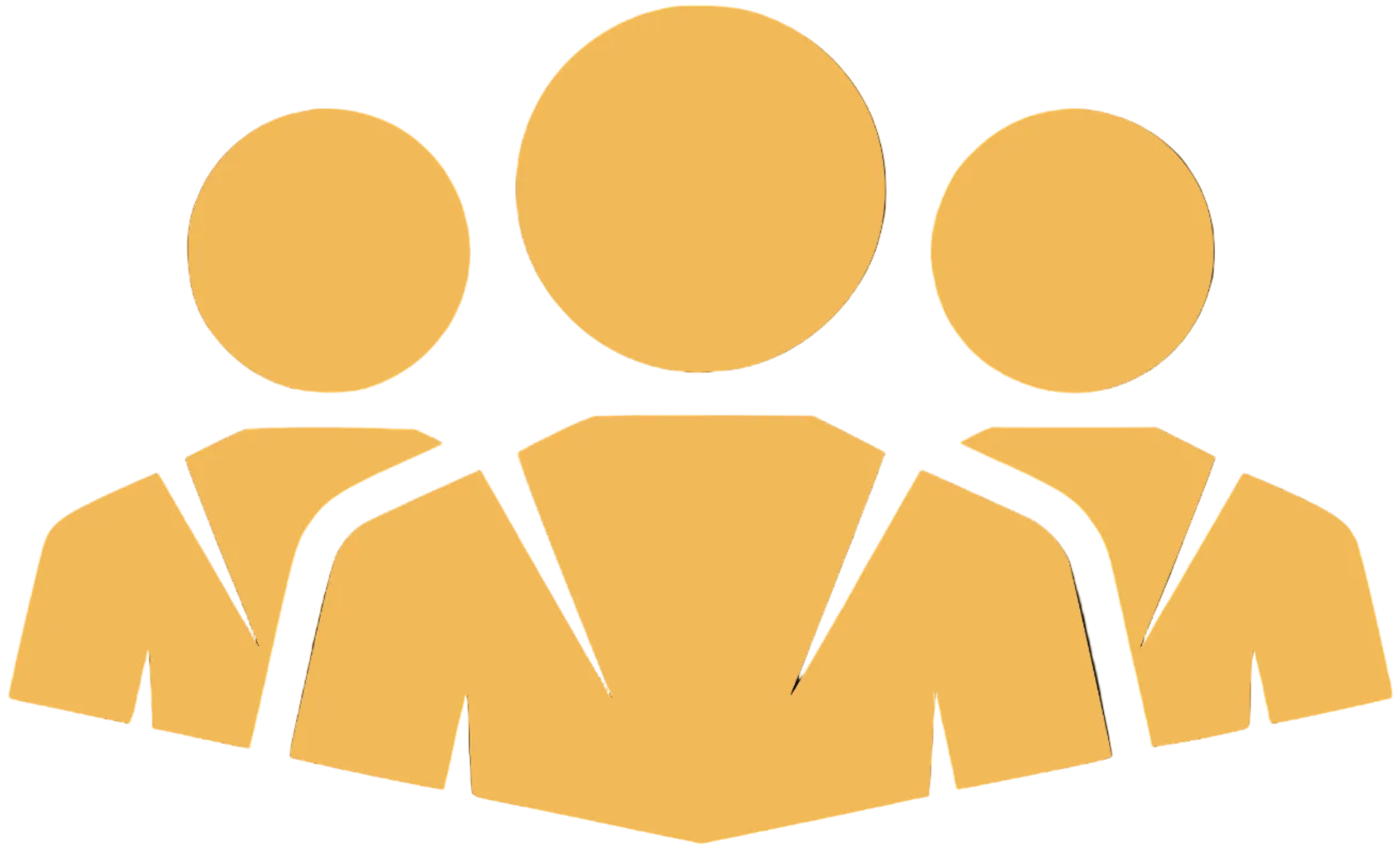 A minimalist graphic icon of three stylized human figures in a warm golden-yellow color on a solid black background.