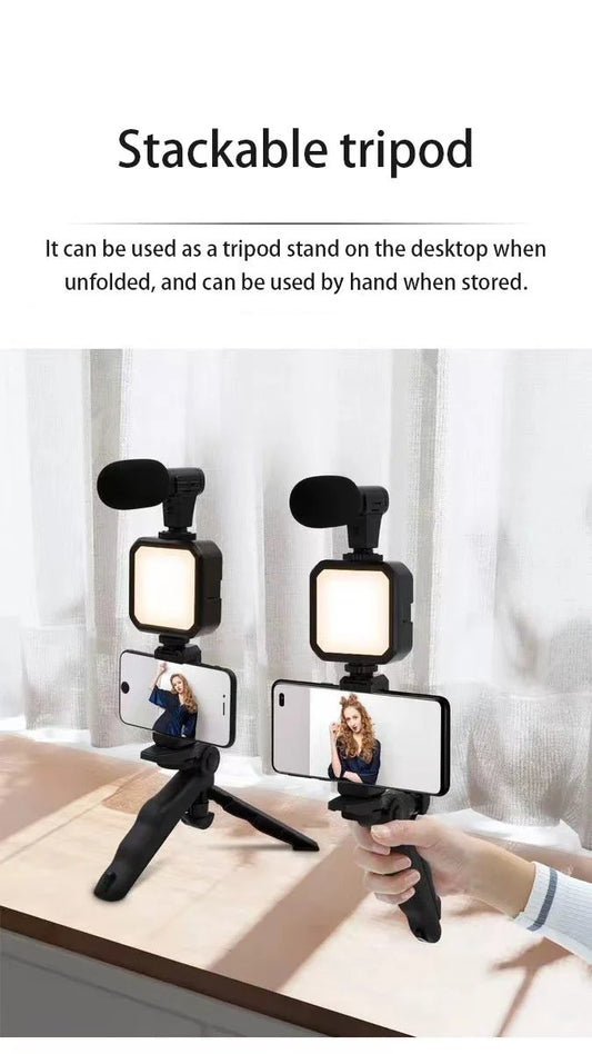 Vlogging Studio Kit with Microphone, LED Light & Tripod Grip for Phone & Camera