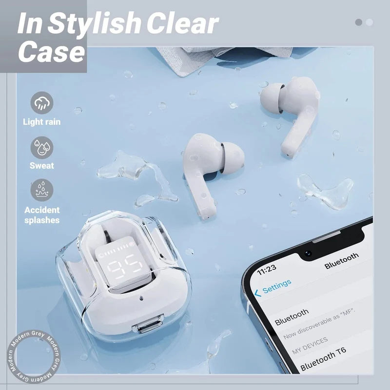 AceFastT6 Crystal Wireless Earbuds – Bluetooth 5.3 with LED Display & Fast Charging